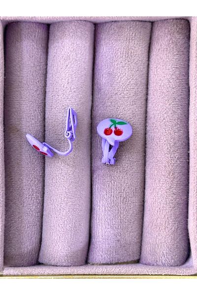 BY YASİN TOPÇU Vip Purple Cherry Patterned Children's Earring (Flip-Open Clip-On)