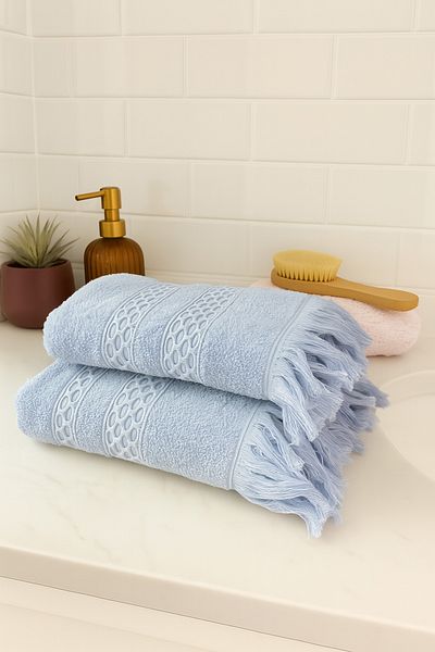 Bonny Home Waffle Fringed Cotton 2-Piece Bath and Hand-Face Towel Set
