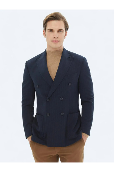 Kip Navy Blue Striped Modern Fit Knitted Jacket
