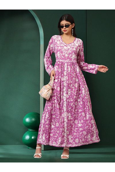 alaya Hand Embroidered Lucknowi Chikankari Printed Mulmul Cotton Jalabiya-AL3936