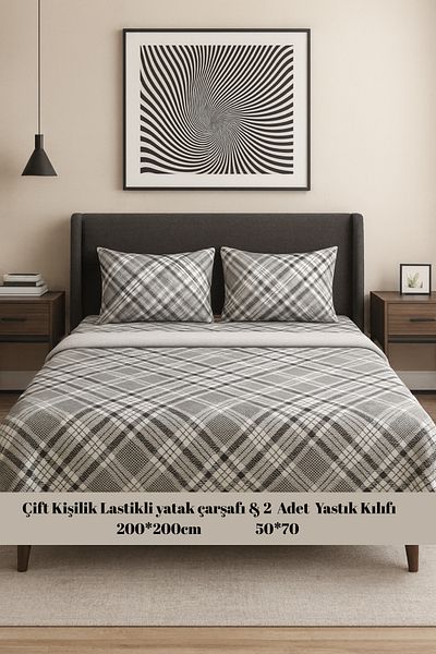 MixCotten Home Elastic Double Bed Sheet + 2 Pillows Patterned Poplin Fabric 160X200 cm and 50X70 cm