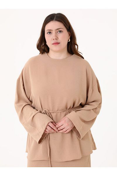 ALİA Tie Detail Skirt&Blouse Plus Size Double Suit - Beige