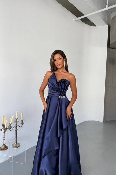 İyem Abiye Organza Princess Waist Stone Design Evening Dress Tight Fit