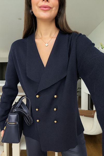 NATUFIAN STORE Women's 6 Button Double Breasted Loose Knitwear Cardigan