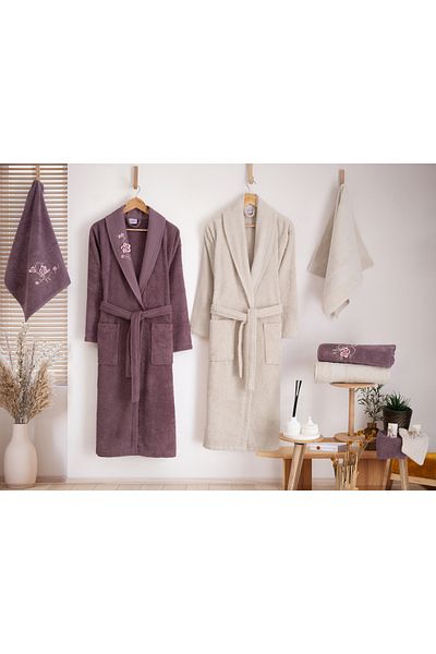 Nurpak 10-Piece Couple Bathrobe Set 100% Turkish Cotton Fragranced Family Bathrobe & Towels Gift Set