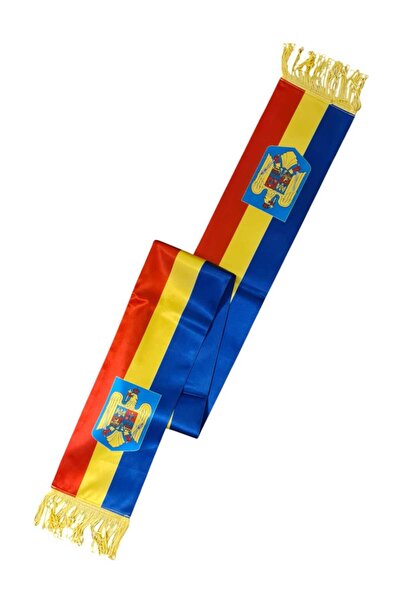 SDX Market Eșarfă tricoloră cu Stema României, Satin dublu cu franjuri, 163 cm x 15 cm