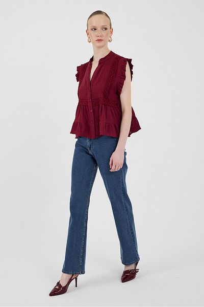 Rays Burgundy Ruffle Sleeve Lace Detailed 100% Cotton Muslin Blouse 8039A