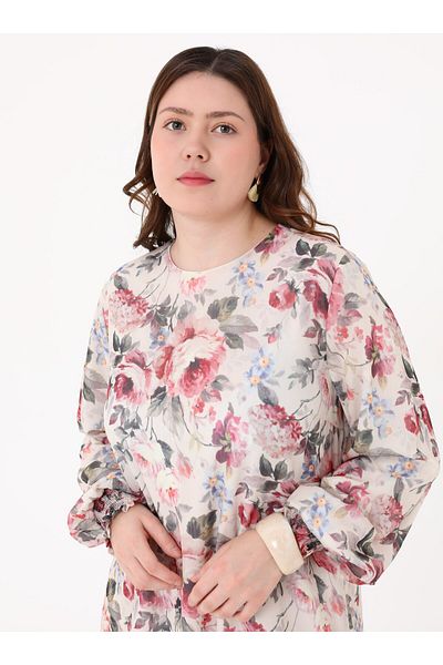 ALİA Kolağzı Gipe Detailed Patterned Plus Size Dress - Pink Flower Pattern -