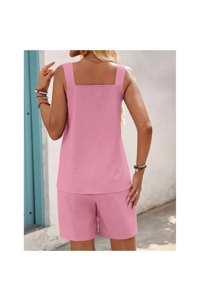 POLEXP Women's Strap Round Neck Bird's Eye Detailed Wrinkled Blouse and Short Double Set