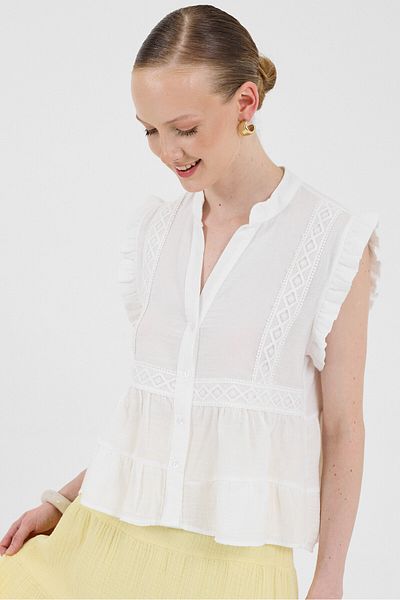 Rays White Ruffle Sleeve Lace Detail 100% Cotton Muslin Blouse 8039A