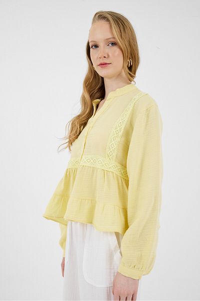Rays Yellow 100% Cotton Lace Detailed Muslin Shirt 4823A