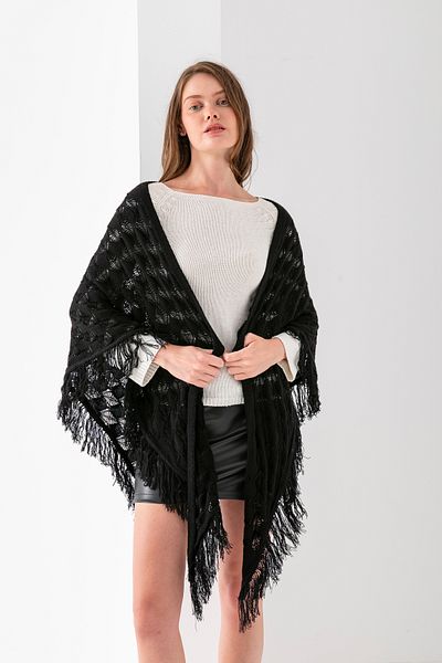 T Crazy T-Crazy Openwork Patterned Triangle Shoulder Shawl, Stylish and Practical Knitwear Knitted Accessory with Tassels, Triangle Knitwear Shawl
