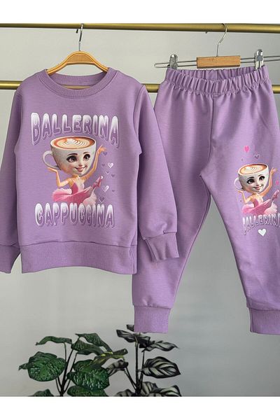 LİLLYPİCCA Girl's Ballerina Cappuccino 2-Piece Set Long Sleeve Sweatshirt - Elastic Waist Combed Cotton Trousers