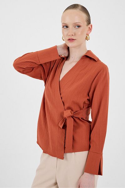 Rays Tile Front Tie Detail Long Sleeve Blouse 8019A