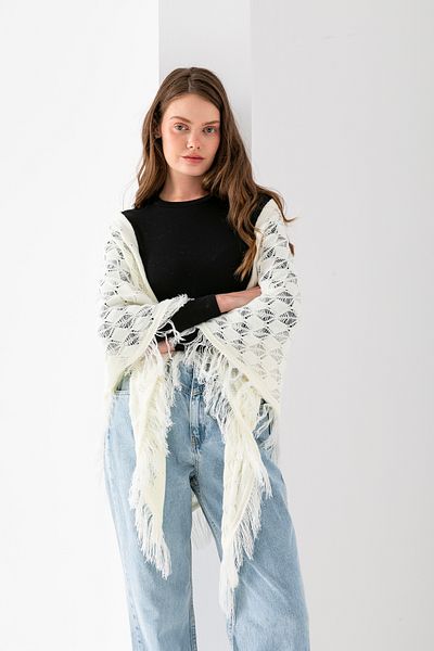 T Crazy T-Crazy Openwork Patterned Triangle Shoulder Shawl, Stylish and Practical Knitwear Knitted Accessory with Tassels, Triangle Knitwear Shawl