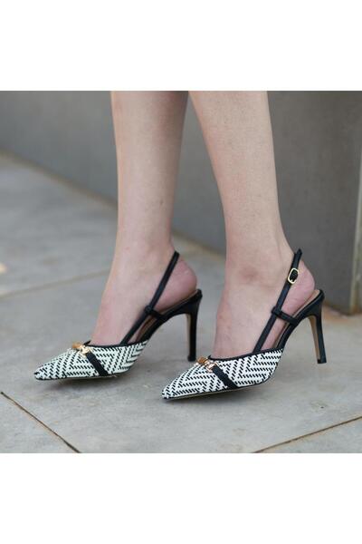Platin Siyah Beyaz Deri Örgü Arkası Açık Kadın Topuklu Ayakkabı