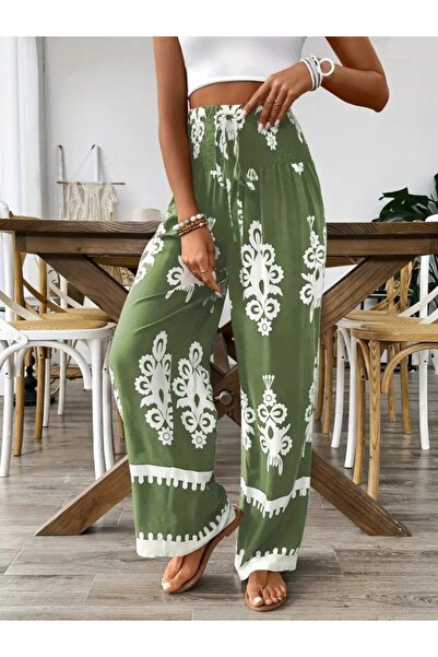 ALPACO Pantaloni cu imprimeu dintr-o singură piesă pentru femei talie înaltă cu model etnic cu șnur -COLECȚIE