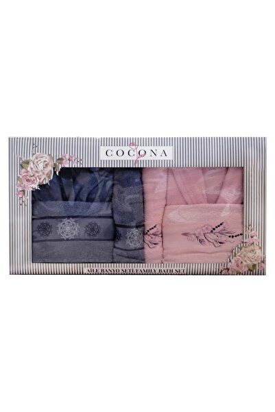 OEM Set halate baie Cocona, broderie decorativa, 100% bumbac, 6 piese - 2 halate, 4 prosoape, culori ble
