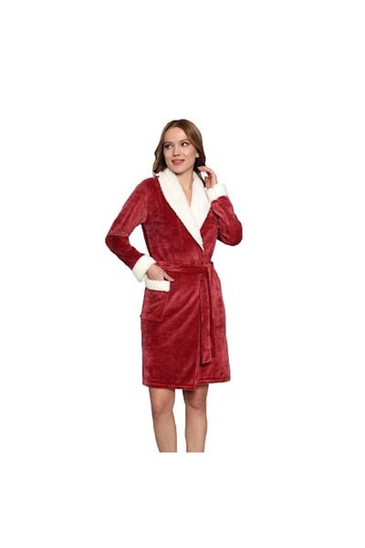 PRICHINDEL Velour Bathrobe with Fur, Burgundy, Size L
