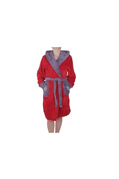 E EFRALL Women's Bathrobe, pocket design, waist belt, hood, red/light gray, S-M