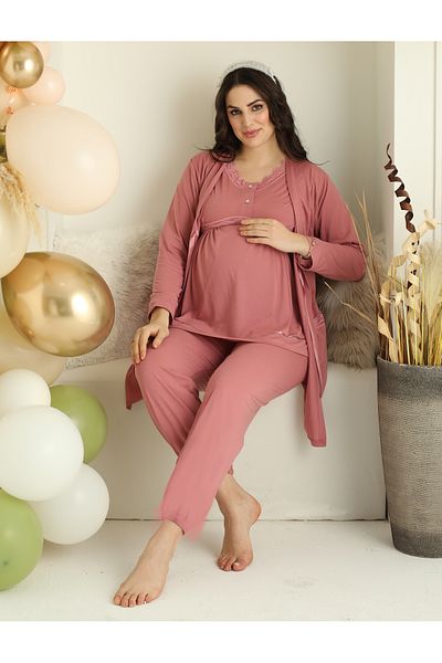 JENİKA Long Sleeve Lace and Satin Detailed Pregnant & Maternity 3-Piece Cotton Pajama Set