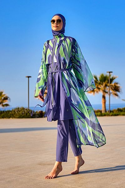 Marina Beige-White Geometric Patterned Chiffon Kimono – Full Length Beach Pareo with Belt P2504