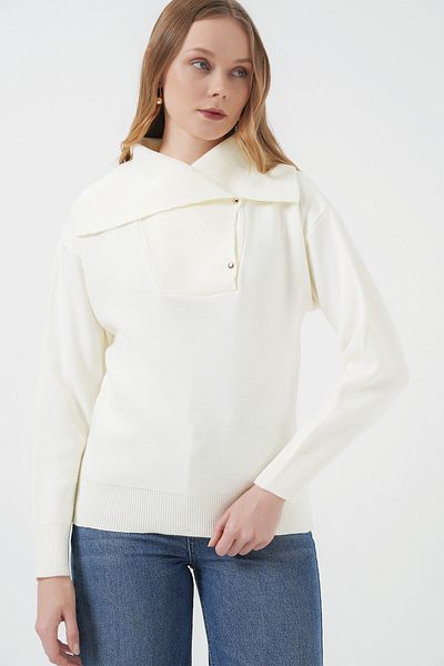 Merterium Women's Wide Collar Knitwear Sweater Ecru 1246