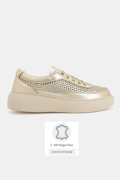 TUNAELLİ Women's Gold Khaki Leather 36-41 Number Lace up Flat Bottom Oxford Shoes