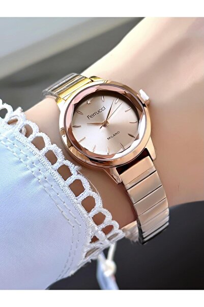 Ferrucci ساعة يد نسائية من ميلانو كريمي بمينا ذهبي وردية اللون