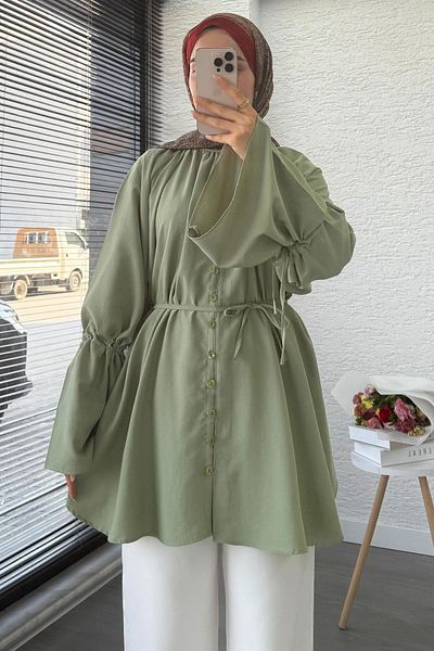 MELEK ARAZ Flywheel Sleeve Full Button Urla Tunic – Green