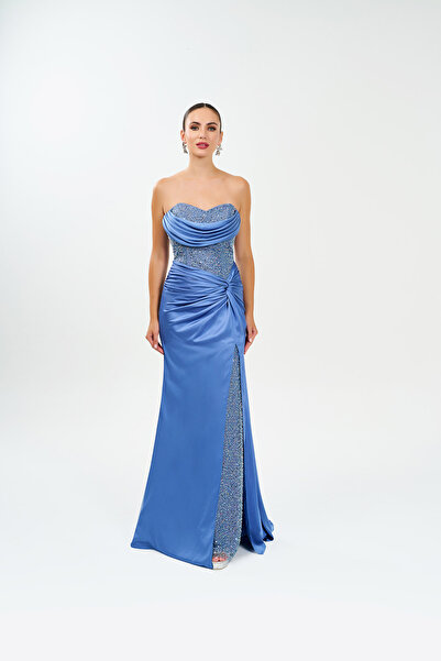 BDM Exclusive Straplez Drapeli Saten Kumaşlı Cepsiz Astarlı Abiye Elbise