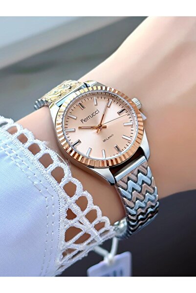Ferrucci Milano Krem Kadran Rose Gold & Gümüş Metal Kordon Kadın Kol Saati