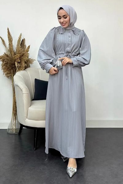 Tesettür Diyarı Women's Baby Collar Button Detailed Dress - Gray