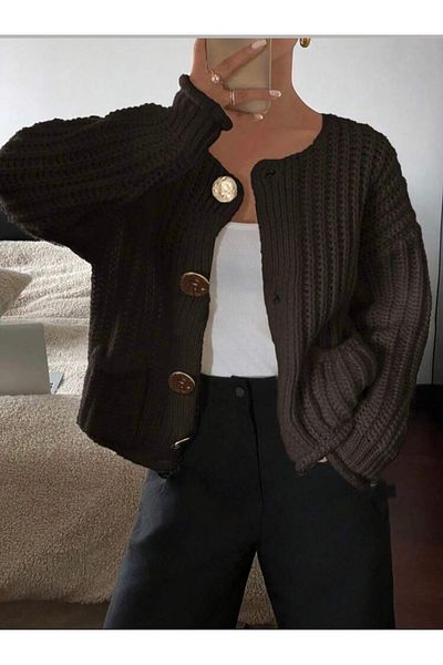 NATUFIAN STORE Women's 4 Button Crew Neck Thessaloniki Knitted Coarse Knitwear Cardigan
