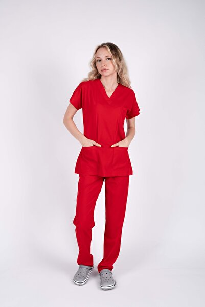 ACAR İŞ TEX Red Lycra Women's Nurse and Doctor Uniform Set Scrubs Hospital Un...