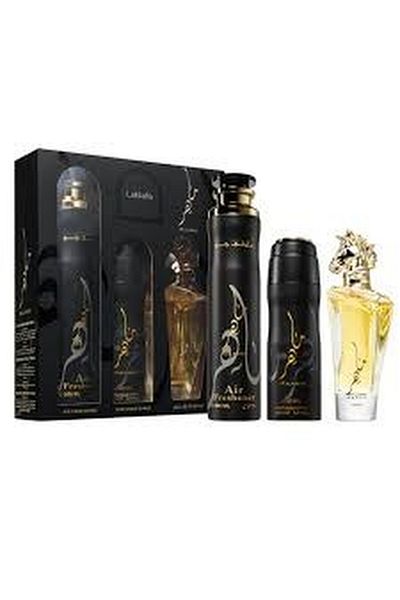 lattafa Maahir gift set, contains a 100ml edp perfume, 300ml room deo and 200ml deodorant