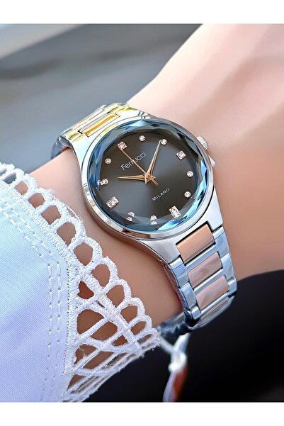 Ferrucci ساعة يد نسائية من ميلانو بمينا حجر أسود وسوار معدني من الذهب الوردي ...