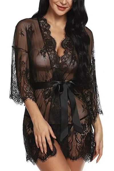OEM Erotic Lingerie Set, Sheer Lace Robe and Thong, YMR-6006, Black, S-M