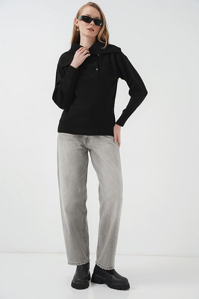 Merterium Women's Wide Collar Knitwear Sweater Black 1246