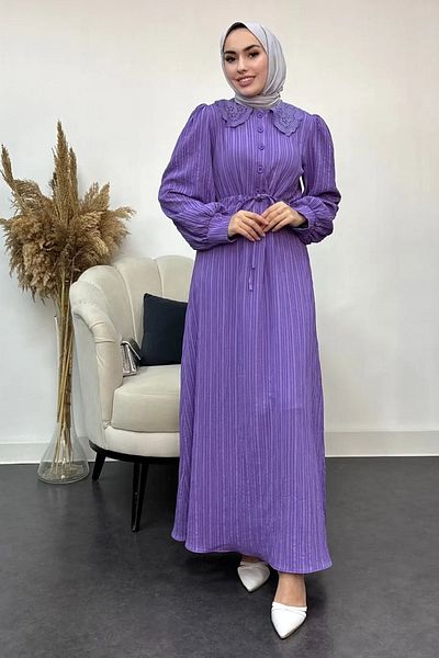 Tesettür Diyarı Women's Baby Collar Button Detailed Dress - Purple