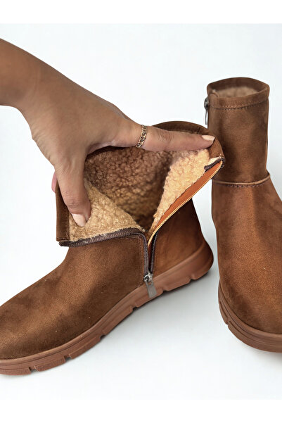 NE&VE SHOES Taba Lüx Süet Peluş Astarlı Kadın Günlük Bot