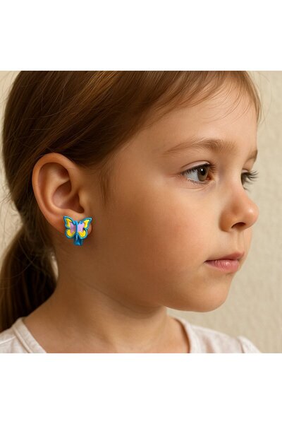 BY YASİN TOPÇU Vip Blue Butterfly Figured Children's Earring (Pop-Up Clip-On)