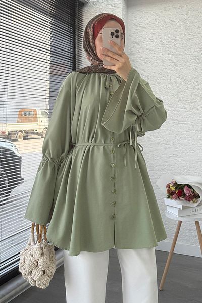 MELEK ARAZ Flywheel Sleeve Full Button Urla Tunic – Green