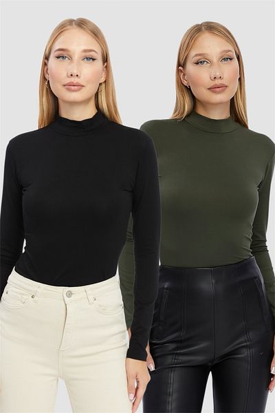 LAENT Women's Black Khaki Stand Collar 2-Piece Bodysuit
