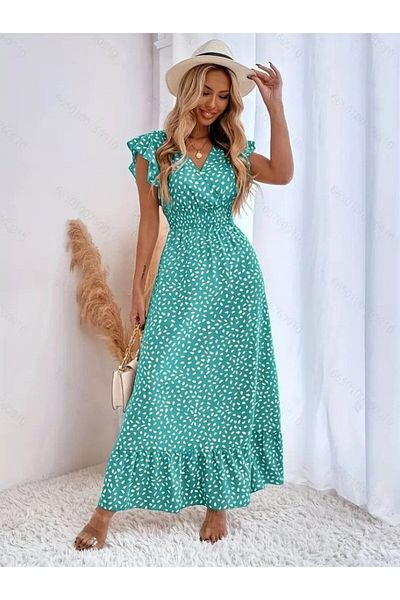 Viyamo New Season Women's Short Sleeve Double Breasted Collar Elastic Waist Patterned Dress