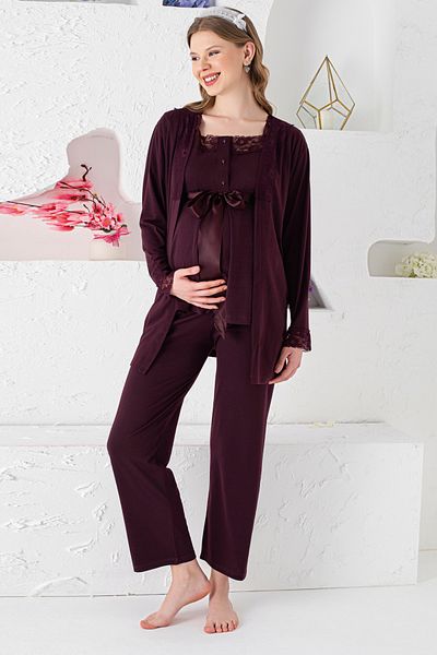 JENİKA Long Sleeve Lace Detailed Maternity & Maternity 3-Piece Cotton Pajama Set