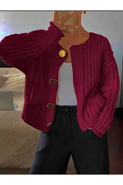 NATUFIAN STORE Women's 4 Button Crew Neck Thessaloniki Knitted Coarse Knitwear Cardigan