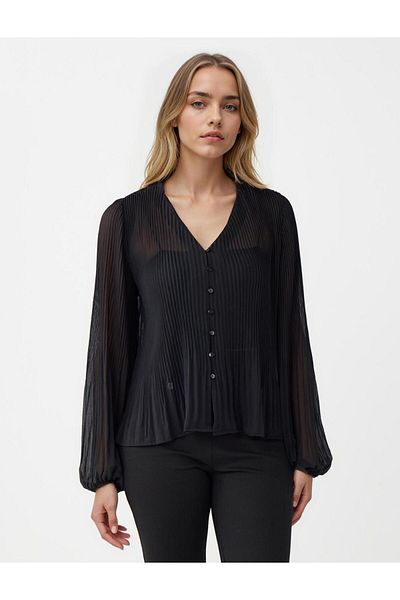 Jimmy Key Black V Neck Long Sleeve Chiffon Woven Blouse