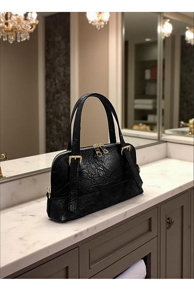 LEATHEROO Women's Black Casco Leather Baguette Bag with Zipper and Strap