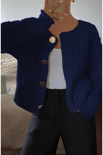 NATUFIAN STORE Women's 4 Button Crew Neck Thessaloniki Knitted Coarse Knitwear Cardigan